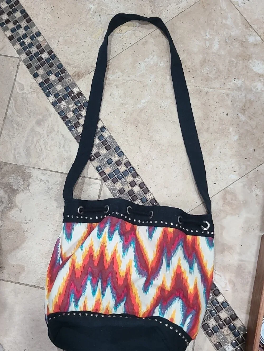Zara Multicolor Zigzag Hobo Shoulder Bag with Black Trim